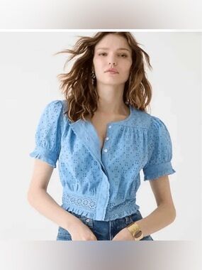 J. Crew Button-front Eyelet Cropped Top Hydrangea Blue Shirt Retail $98